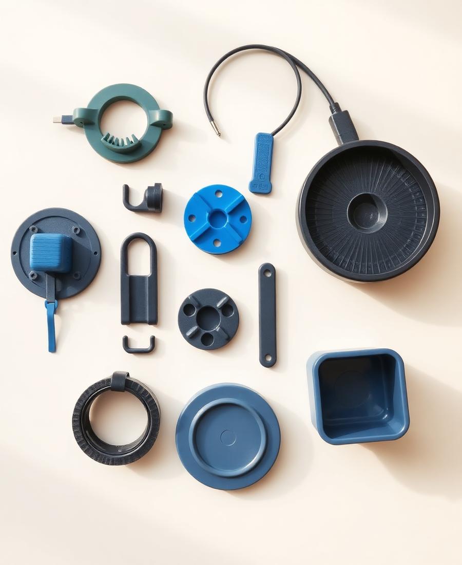 Conjunto de peças utilitárias impressas em 3D organizadas sobre a mesa